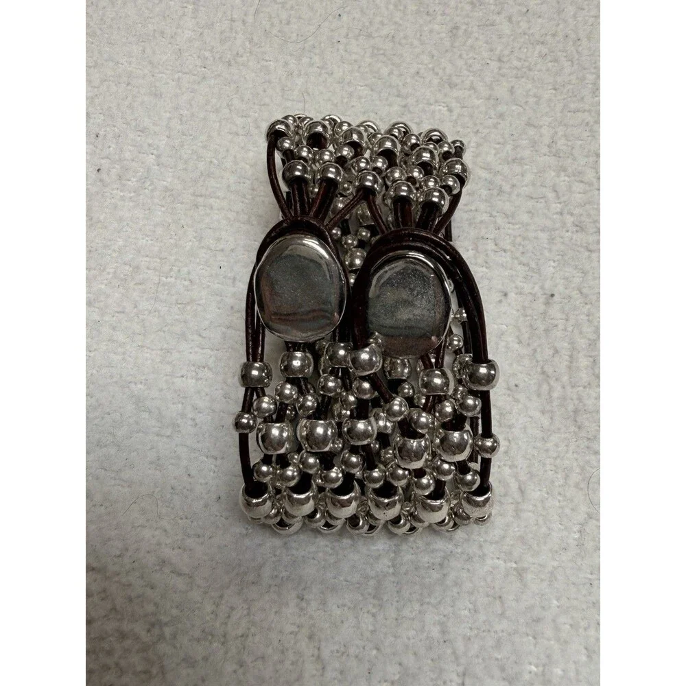 Boho Artisan Multi Strand Silver Plated Beaded Leather Cuff Bracelet Large 7.5